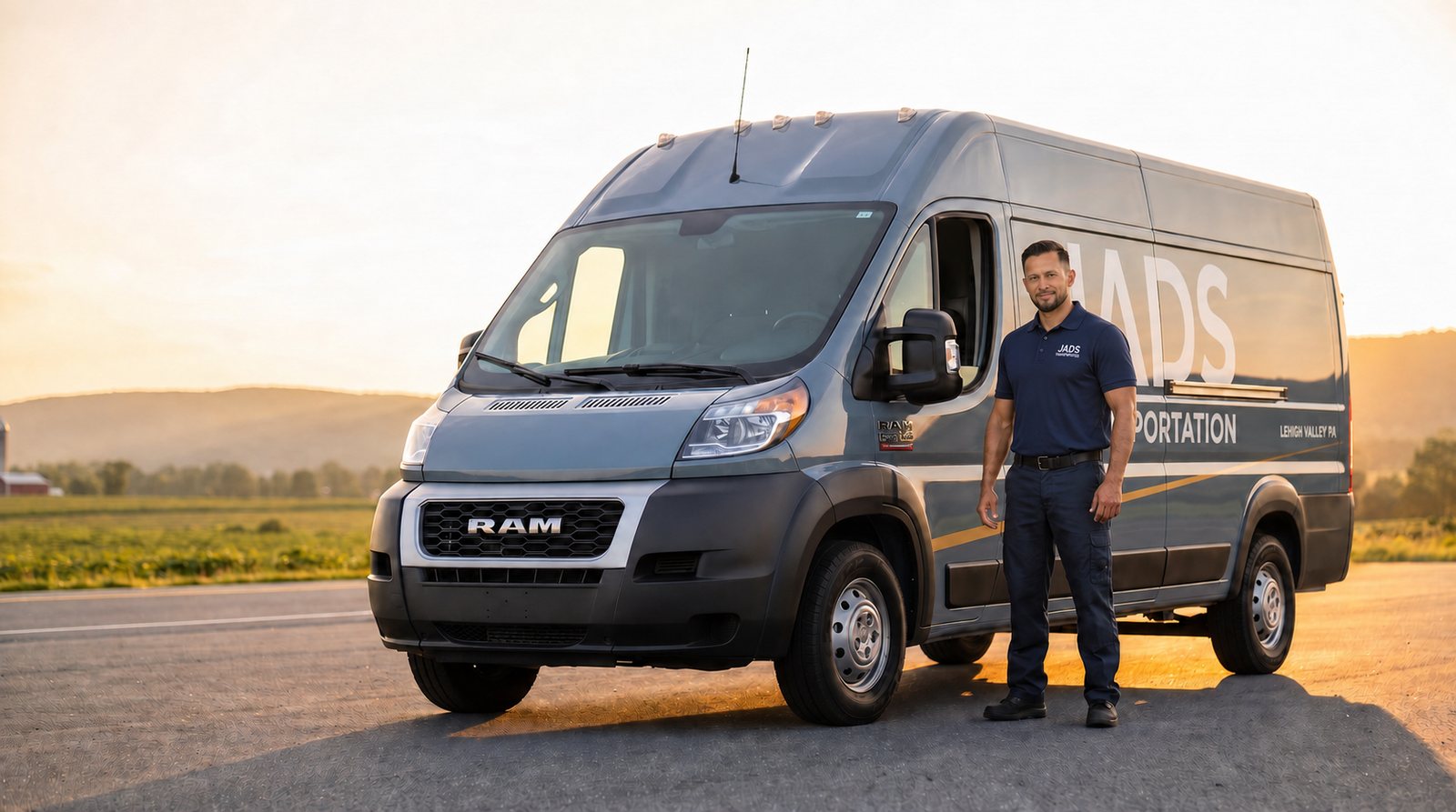 Chofer de JADS Transportation junto a la camioneta Ram ProMaster en un camino rural del Lehigh Valley al amanecer