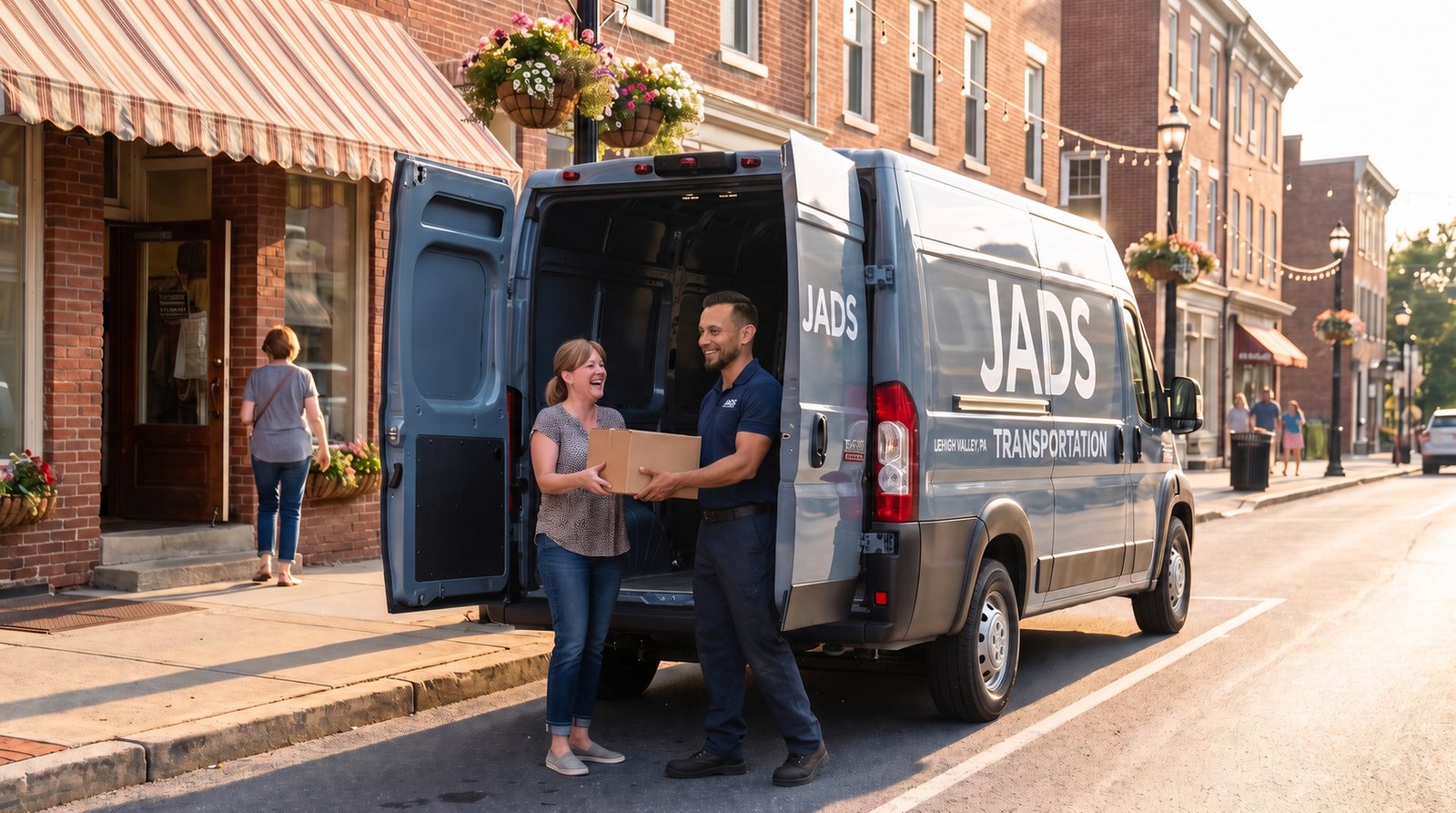 Chofer de JADS entregando un paquete en mano a la dueña de un negocio en la banqueta de una calle principal, con las puertas traseras de la camioneta abiertas